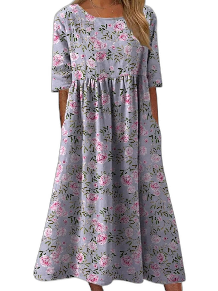 Effortless Floral Midi Dress for Women with Crew Neck Short Sleeve Tiered Flowing Pockets Casual Style