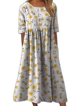 Effortless Floral Midi Dress for Women with Crew Neck Short Sleeve Tiered Flowing Pockets Casual Style