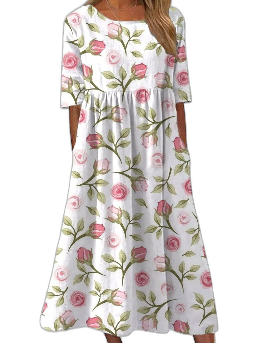 Effortless Floral Midi Dress for Women with Crew Neck Short Sleeve Tiered Flowing Pockets Casual Style