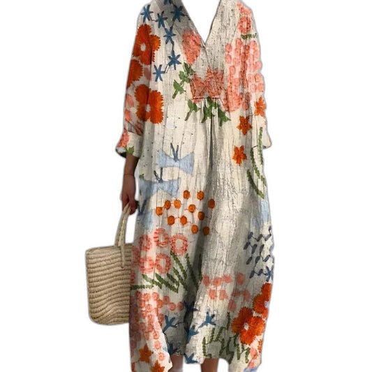 Effortless Floral Midi Dress for Women with V Neck Elbow Sleeve Flowing Casual Style
