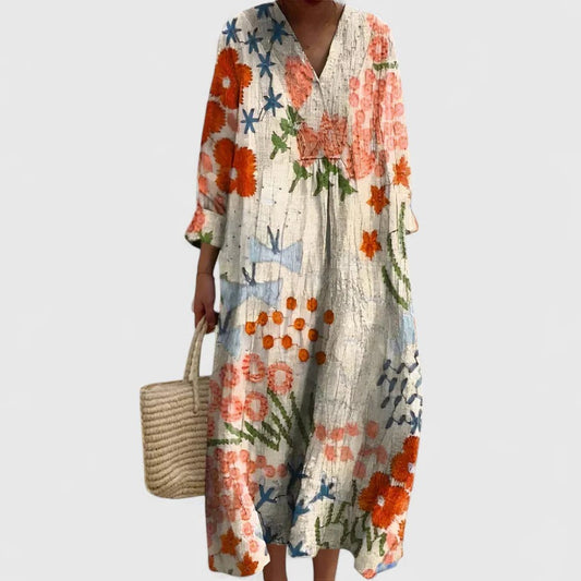 Effortless Floral Midi Dress for Women with V Neck Elbow Sleeve Flowing Casual Style