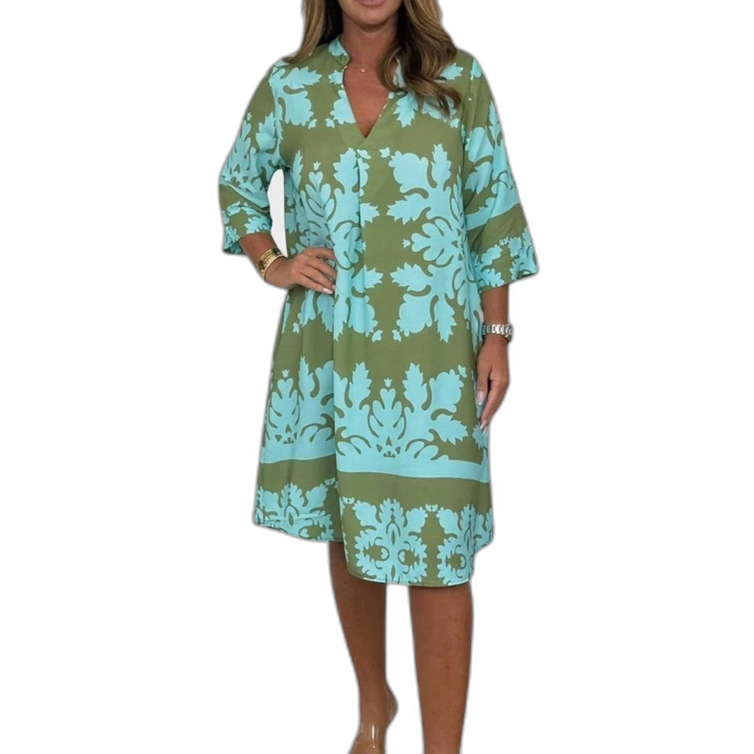 Effortless Floral Midi Dress for Women with V Neck Elbow Sleeve Flowing Casual Style