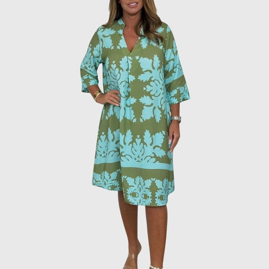 Effortless Floral Midi Dress for Women with V Neck Elbow Sleeve Flowing Casual Style