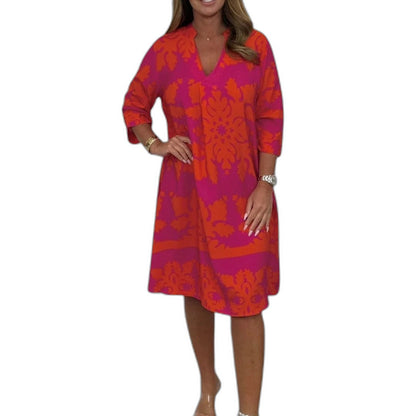 Effortless Floral Midi Dress for Women with V Neck Elbow Sleeve Flowing Casual Style