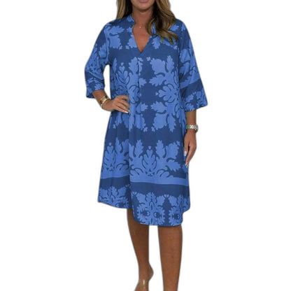 Effortless Floral Midi Dress for Women with V Neck Elbow Sleeve Flowing Casual Style