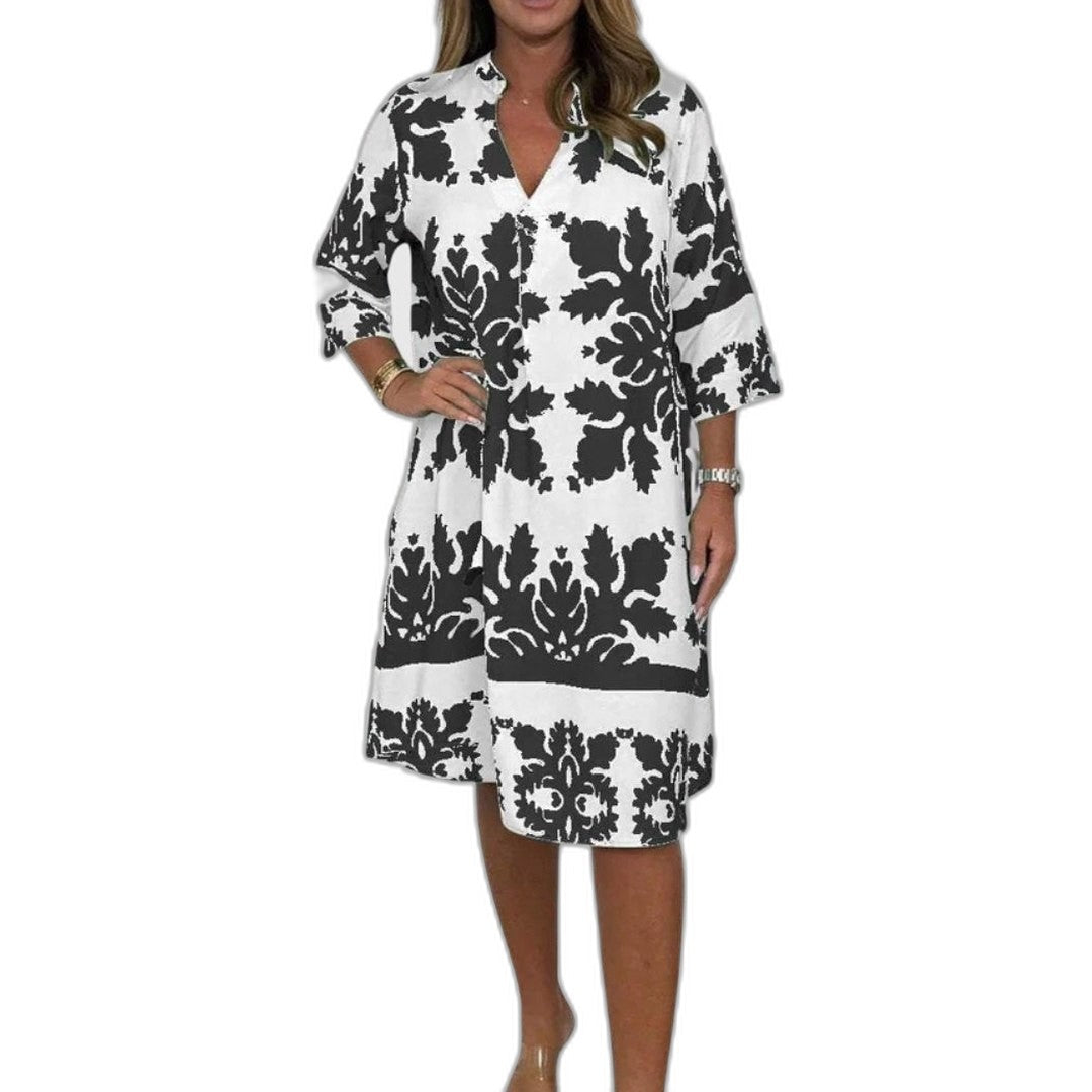 Effortless Floral Midi Dress for Women with V Neck Elbow Sleeve Flowing Casual Style