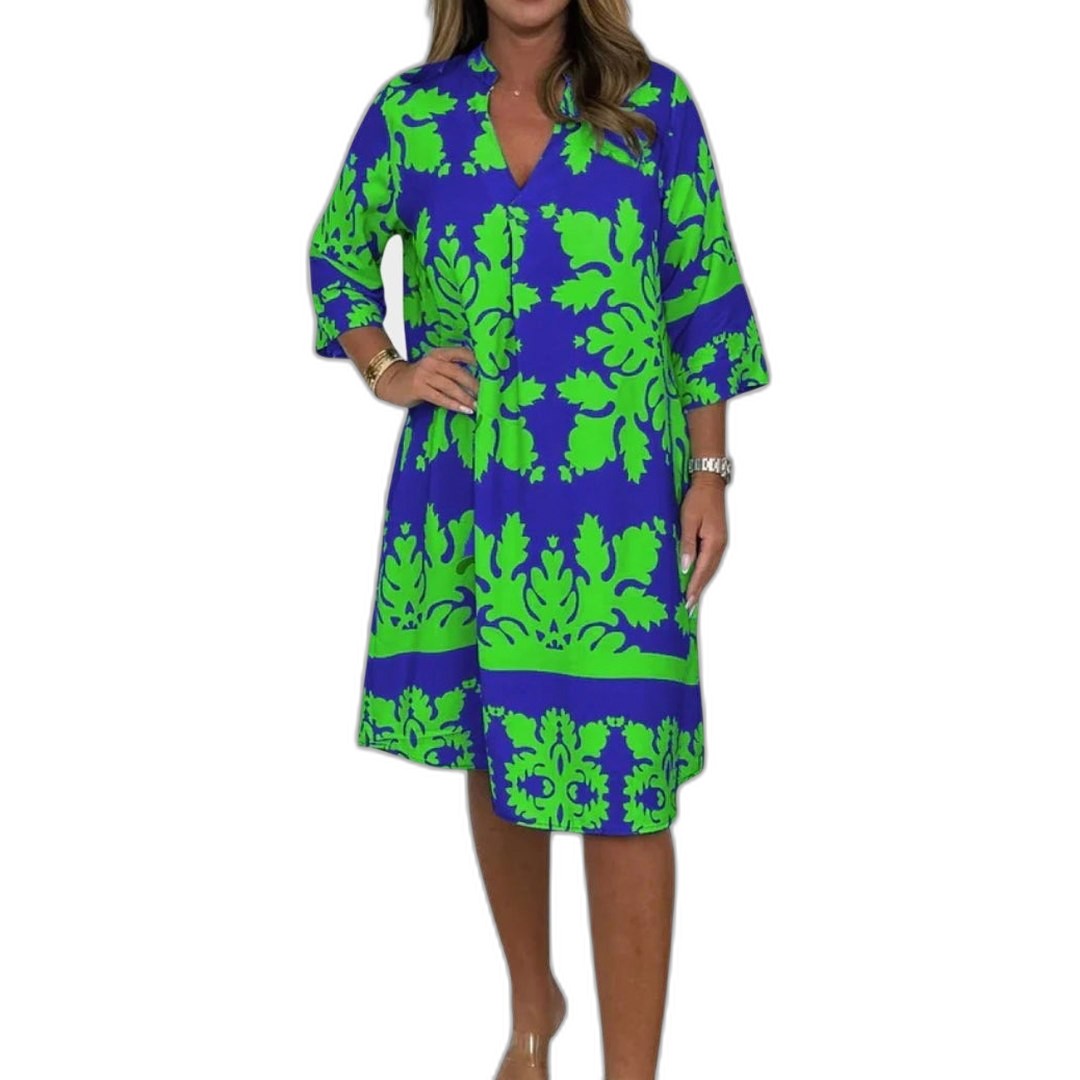 Effortless Floral Midi Dress for Women with V Neck Elbow Sleeve Flowing Casual Style