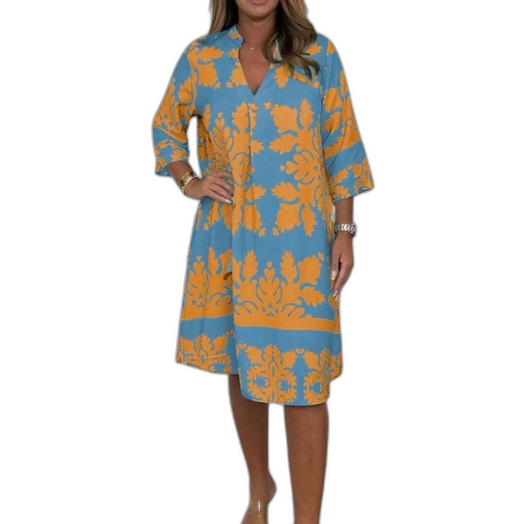 Effortless Floral Midi Dress for Women with V Neck Elbow Sleeve Flowing Casual Style