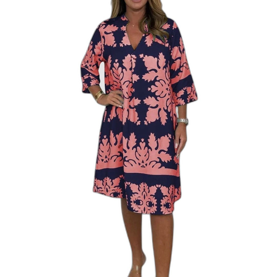 Effortless Floral Midi Dress for Women with V Neck Elbow Sleeve Flowing Casual Style