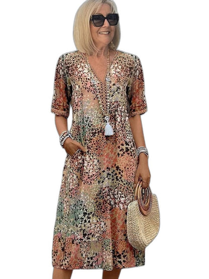 Effortless Floral Midi Dress for Women with V Neck Elbow Sleeve Flowing Pockets Casual Style