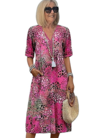 Effortless Floral Midi Dress for Women with V Neck Elbow Sleeve Flowing Pockets Casual Style
