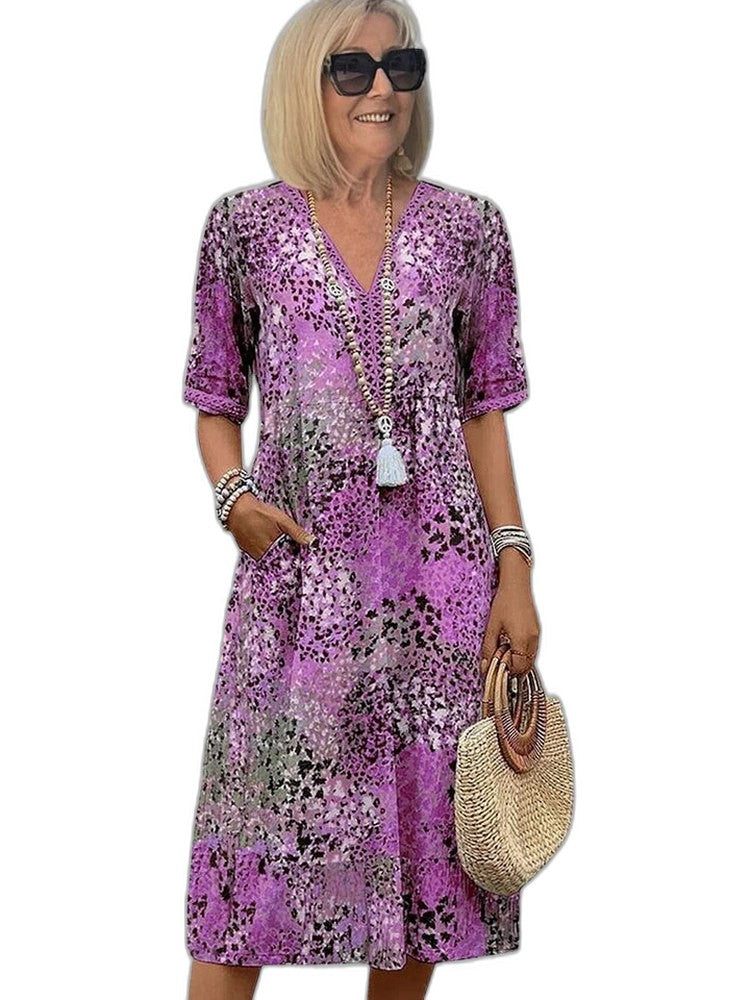 Effortless Floral Midi Dress for Women with V Neck Elbow Sleeve Flowing Pockets Casual Style
