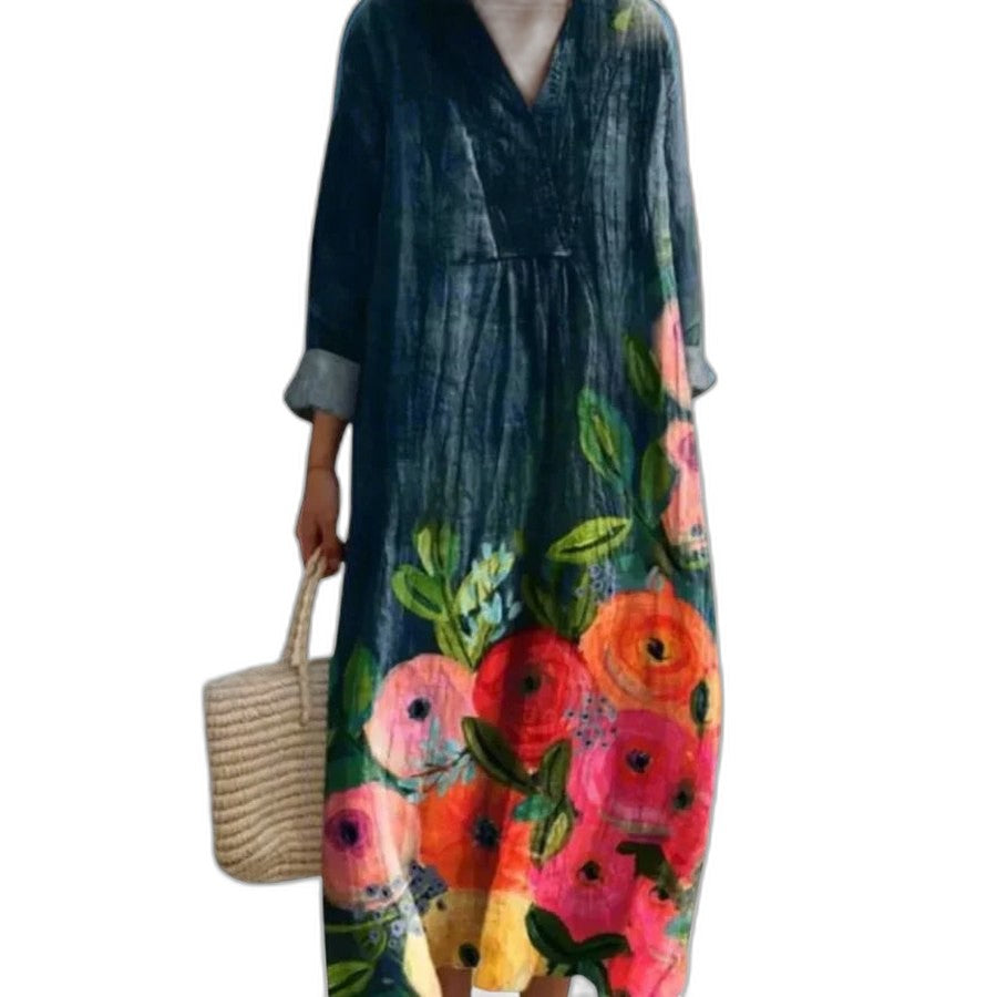 Effortless Floral Midi Dress for Women with V Neck Long Sleeve Flowing Casual Style