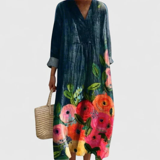 Effortless Floral Midi Dress for Women with V Neck Long Sleeve Flowing Casual Style