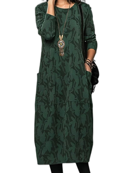 Effortless Floral Midi Dress for Women with V Neck Long Sleeve Flowing Pockets Casual Style