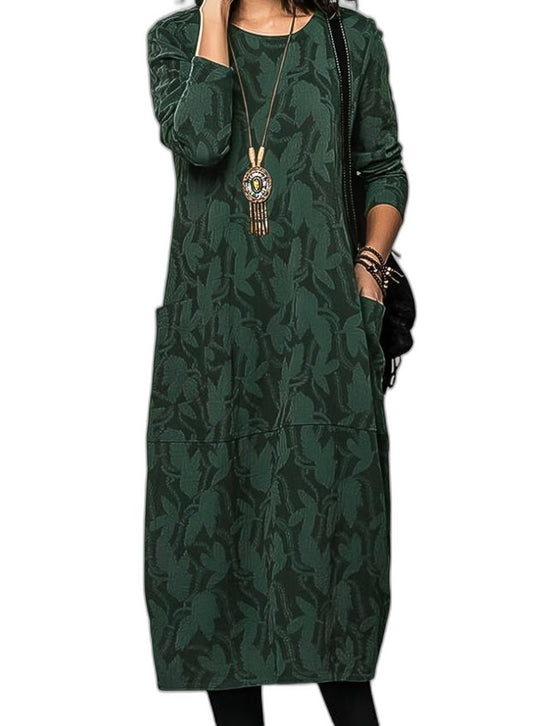 Effortless Floral Midi Dress for Women with V Neck Long Sleeve Flowing Pockets Casual Style