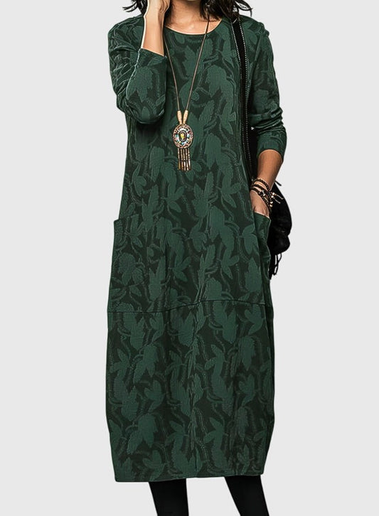 Effortless Floral Midi Dress for Women with V Neck Long Sleeve Flowing Pockets Casual Style