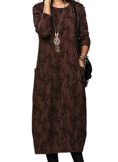 Effortless Floral Midi Dress for Women with V Neck Long Sleeve Flowing Pockets Casual Style