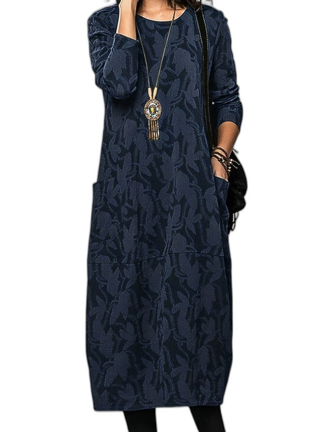 Effortless Floral Midi Dress for Women with V Neck Long Sleeve Flowing Pockets Casual Style