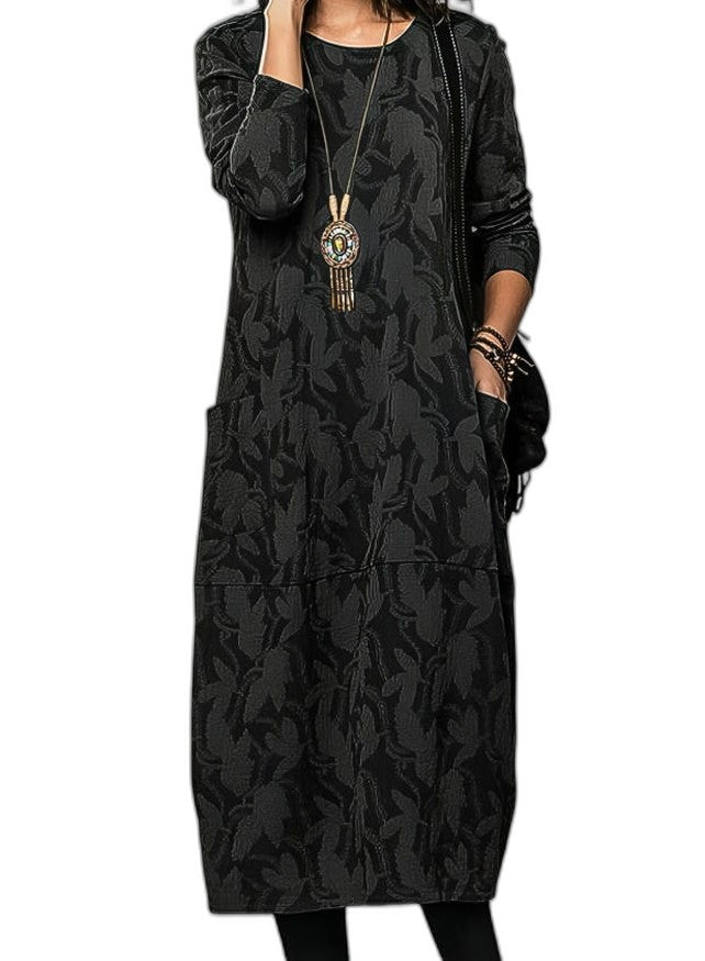 Effortless Floral Midi Dress for Women with V Neck Long Sleeve Flowing Pockets Casual Style
