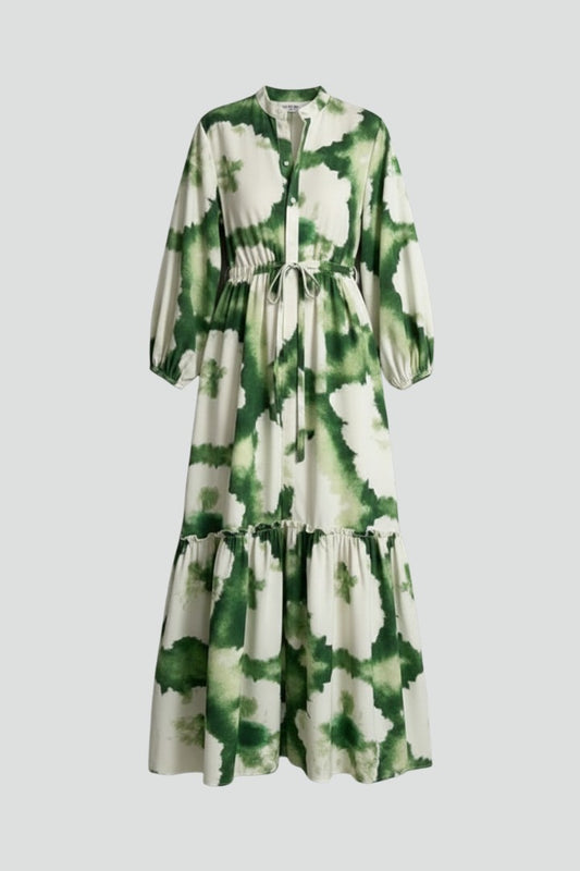 Effortless Floral Midi Dress for Women with V Neck Long Sleeve Tiered Button Front Flowing Casual Style