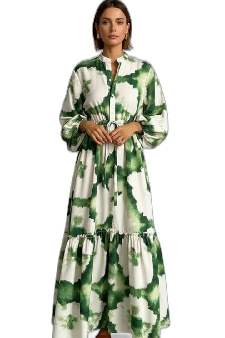 Effortless Floral Midi Dress for Women with V Neck Long Sleeve Tiered Button Front Flowing Casual Style