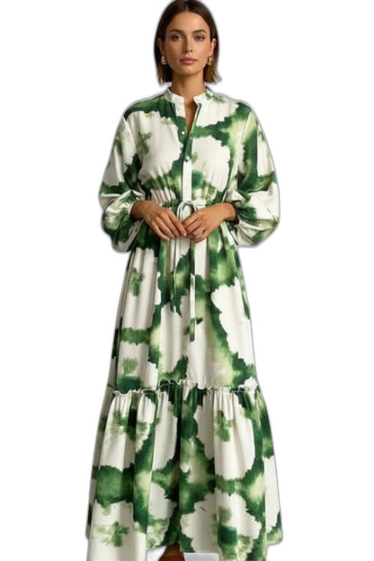 Effortless Floral Midi Dress for Women with V Neck Long Sleeve Tiered Button Front Flowing Casual Style