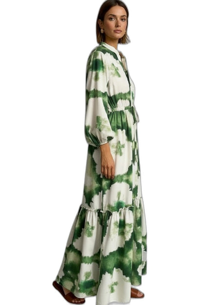 Effortless Floral Midi Dress for Women with V Neck Long Sleeve Tiered Button Front Flowing Casual Style