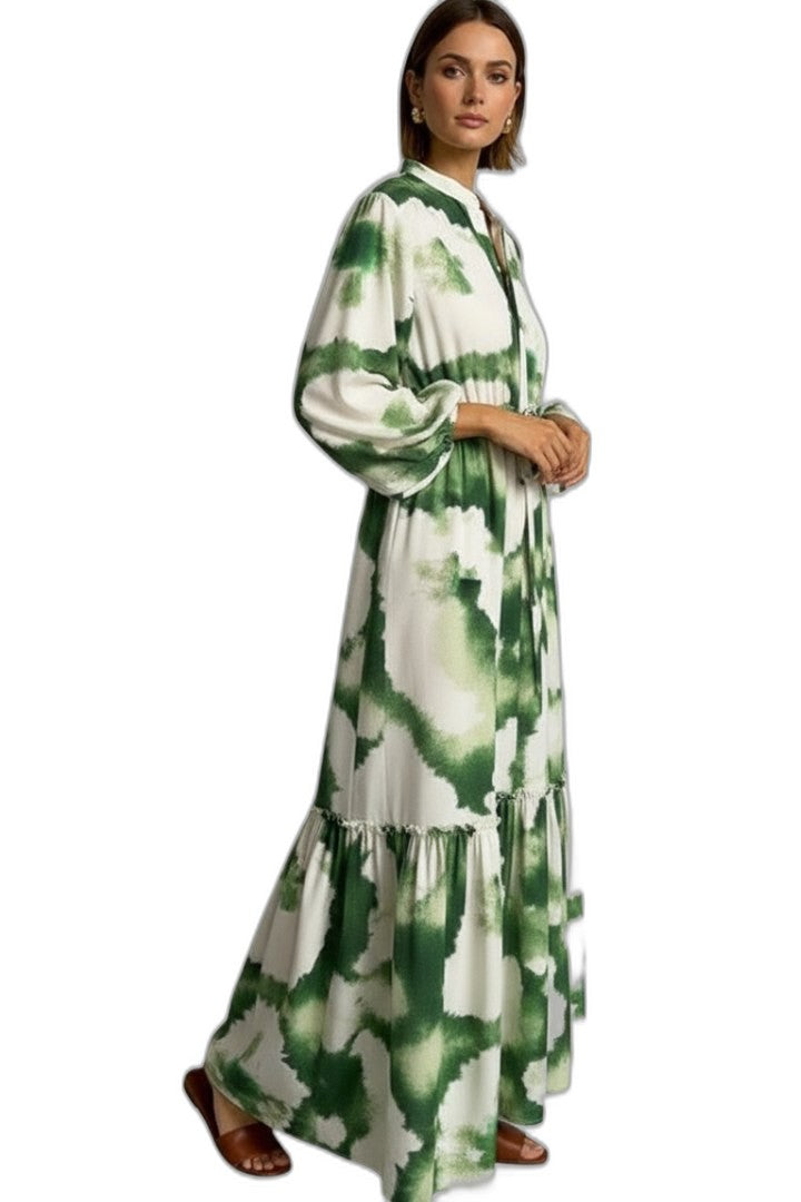 Effortless Floral Midi Dress for Women with V Neck Long Sleeve Tiered Button Front Flowing Casual Style