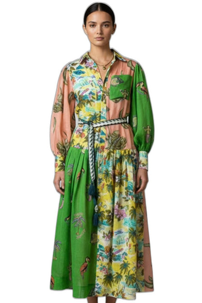 Effortless Floral Midi Dress for Women with V Neck Long Sleeve Tiered Button Front Flowing Casual Style