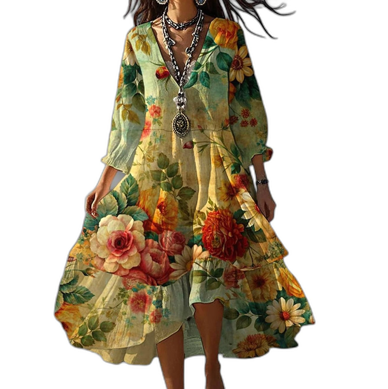Effortless Floral Midi Dress for Women with V Neck Long Sleeve Tiered Flowing Casual Style