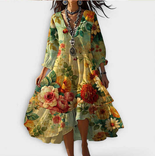 Effortless Floral Midi Dress for Women with V Neck Long Sleeve Tiered Flowing Casual Style