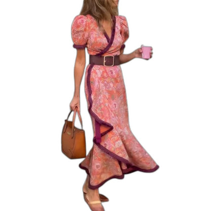 Effortless Floral Midi Dress for Women with V Neck Puff Sleeve Wrap Belted Flowing Casual Style