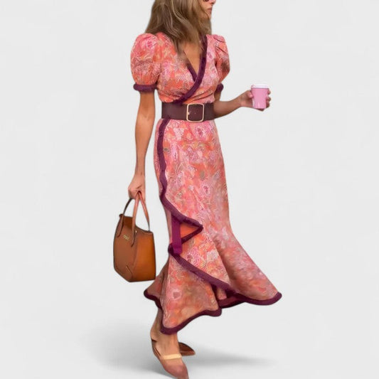 Effortless Floral Midi Dress for Women with V Neck Puff Sleeve Wrap Belted Flowing Casual Style