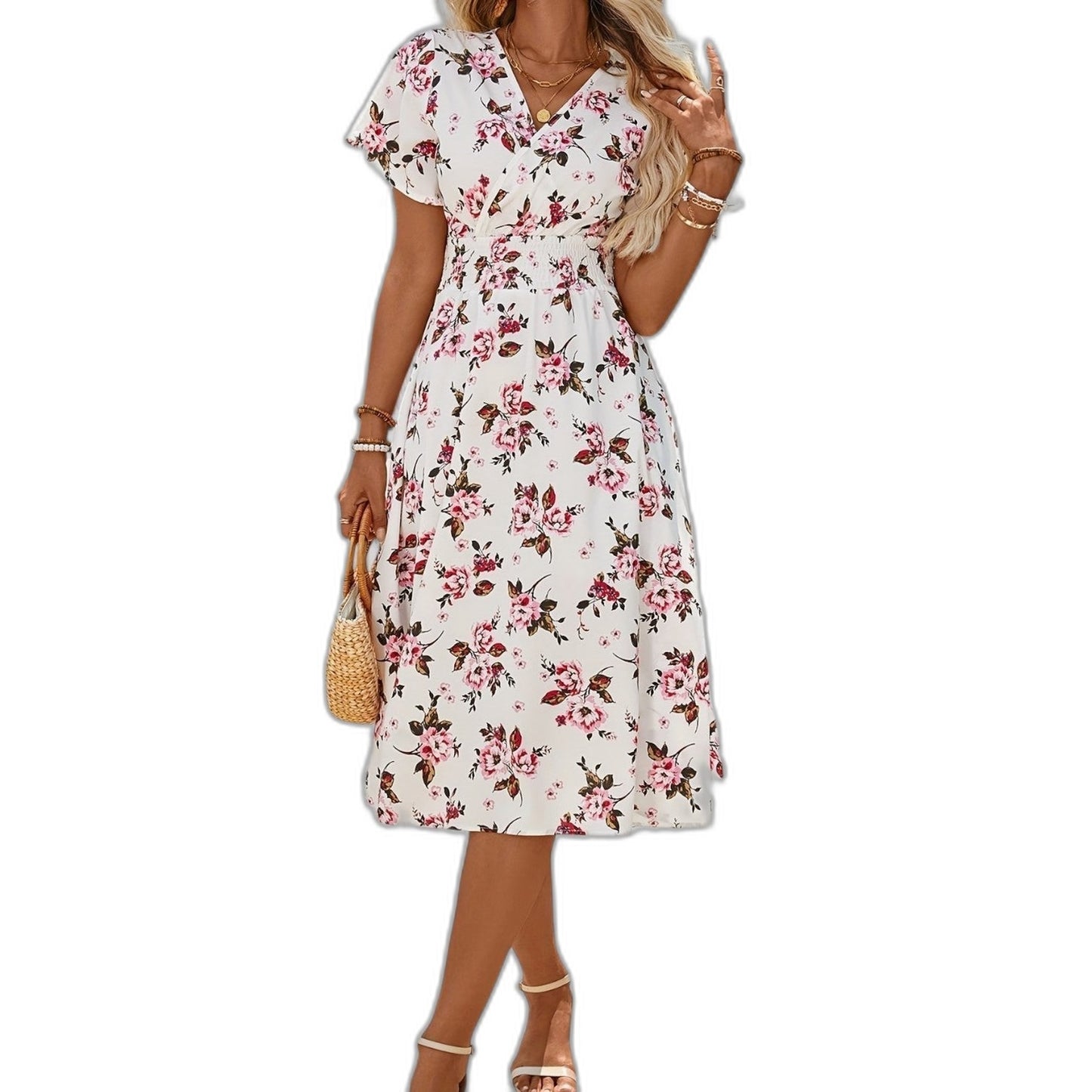 Effortless Floral Midi Dress for Women with V Neck Short Sleeve A Line Belted Fit And Flare Casual Style