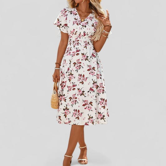 Effortless Floral Midi Dress for Women with V Neck Short Sleeve A Line Belted Fit And Flare Casual Style