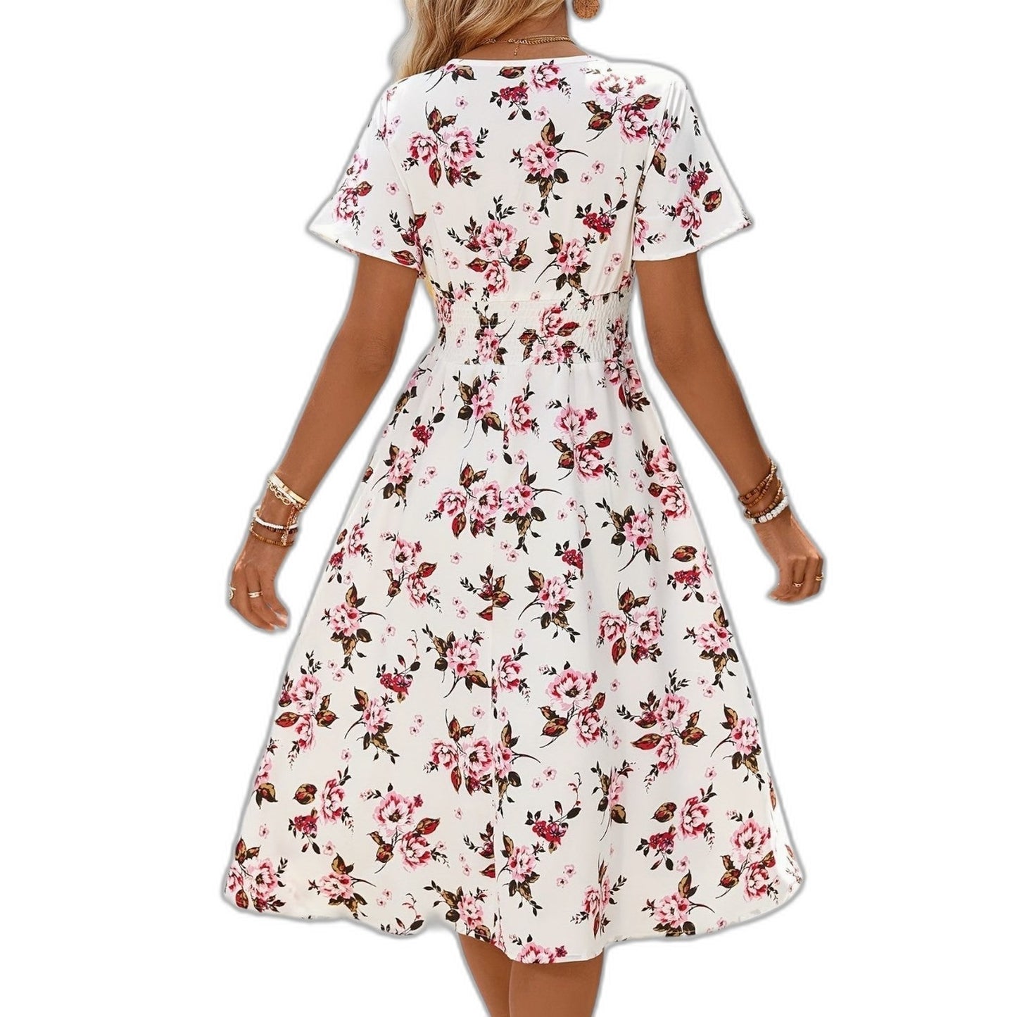 Effortless Floral Midi Dress for Women with V Neck Short Sleeve A Line Belted Fit And Flare Casual Style