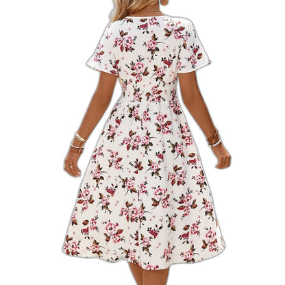 Effortless Floral Midi Dress for Women with V Neck Short Sleeve A Line Belted Fit And Flare Casual Style