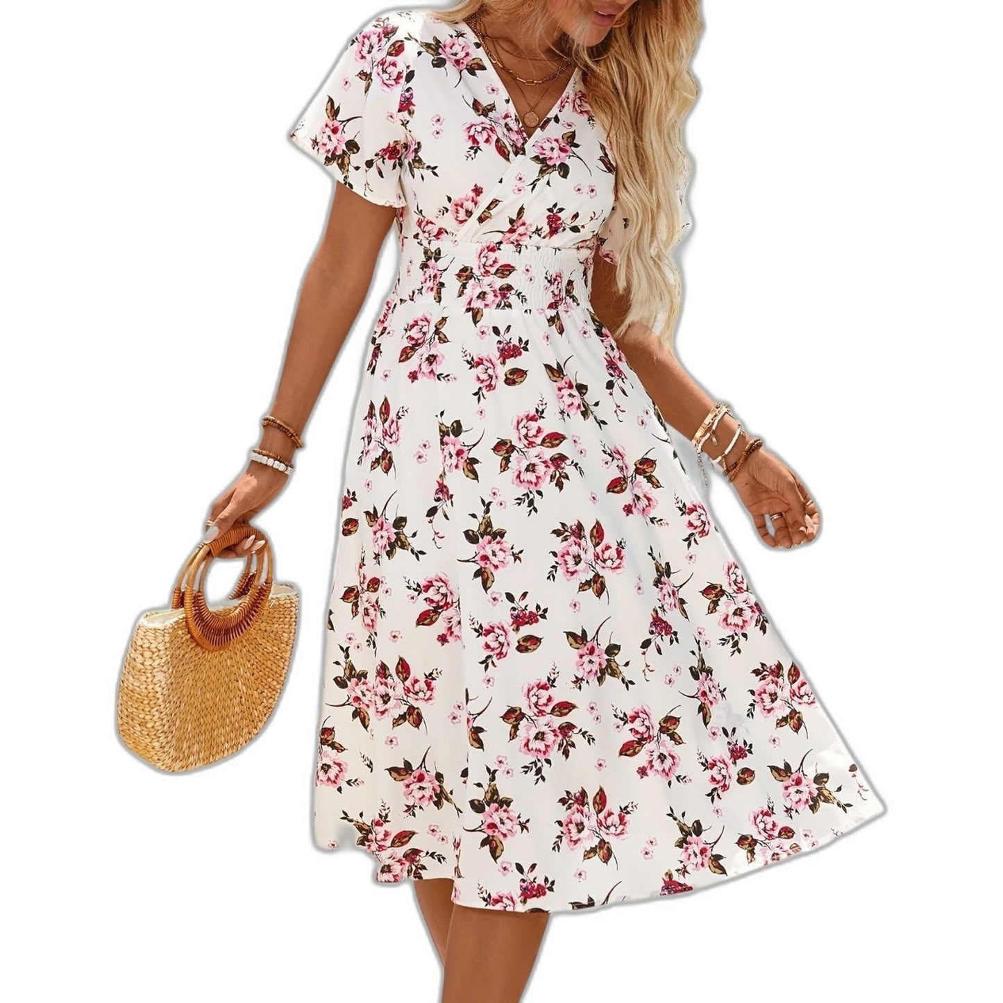Effortless Floral Midi Dress for Women with V Neck Short Sleeve A Line Belted Fit And Flare Casual Style