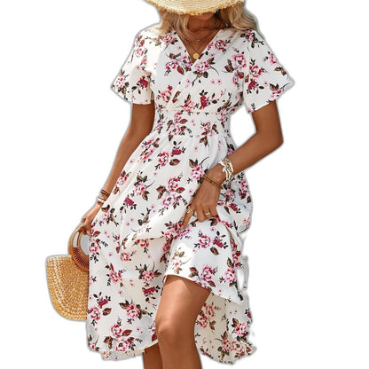 Effortless Floral Midi Dress for Women with V Neck Short Sleeve A Line Belted Fit And Flare Casual Style