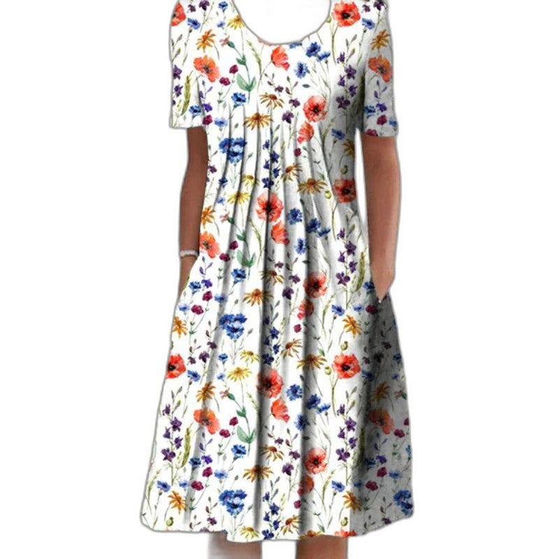 Effortless Floral Midi Dress for Women with V Neck Short Sleeve A Line Flowing Casual Style