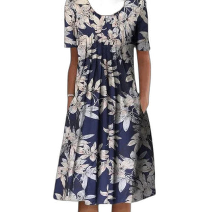Effortless Floral Midi Dress for Women with V Neck Short Sleeve A Line Flowing Casual Style