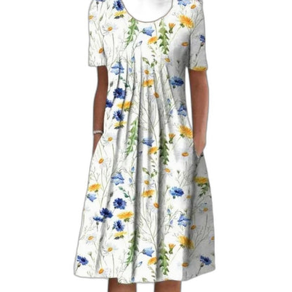 Effortless Floral Midi Dress for Women with V Neck Short Sleeve A Line Flowing Casual Style