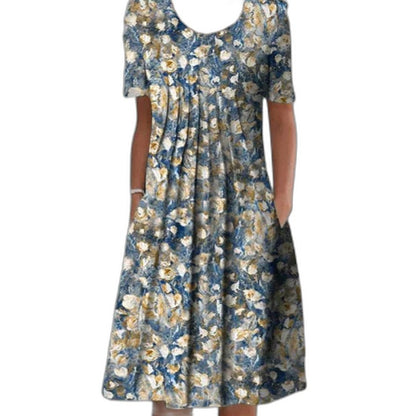 Effortless Floral Midi Dress for Women with V Neck Short Sleeve A Line Flowing Casual Style