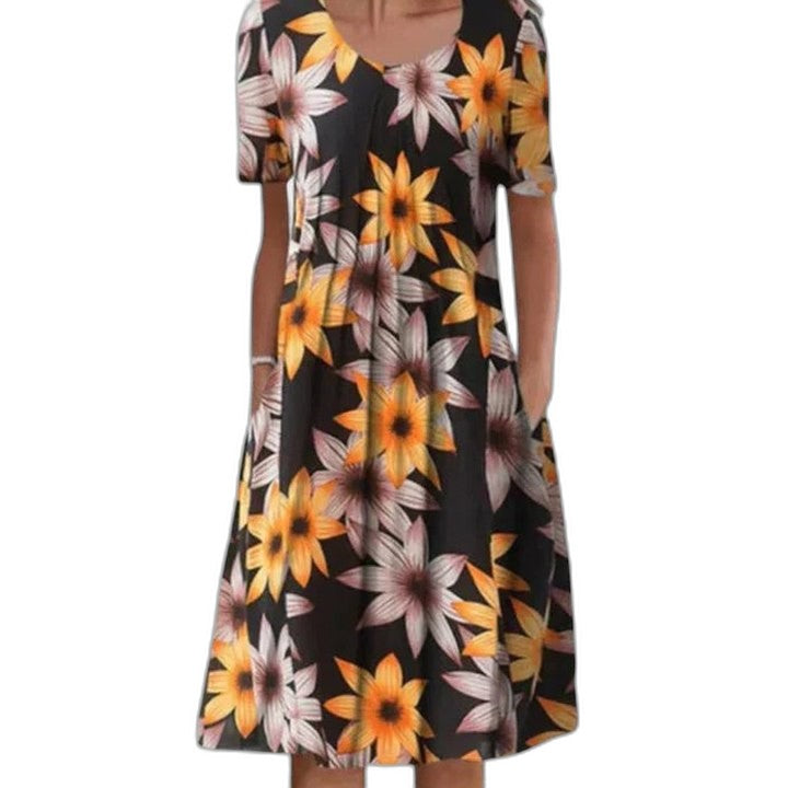 Effortless Floral Midi Dress for Women with V Neck Short Sleeve A Line Flowing Casual Style