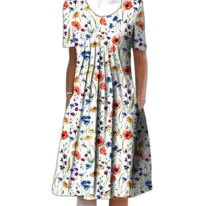 Effortless Floral Midi Dress for Women with V Neck Short Sleeve A Line Flowing Casual Style