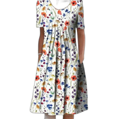 Effortless Floral Midi Dress for Women with V Neck Short Sleeve A Line Flowing Casual Style