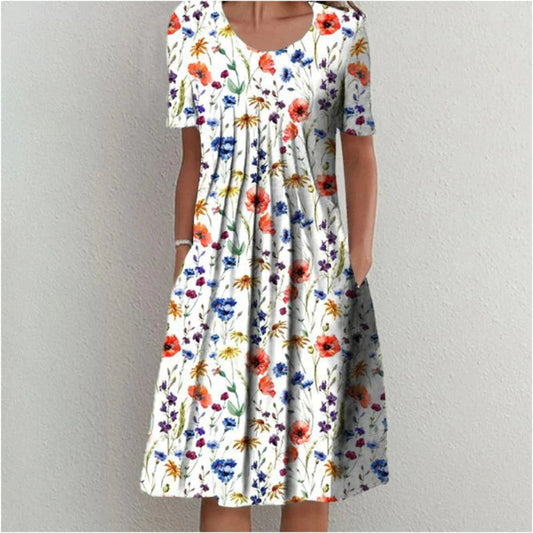 Effortless Floral Midi Dress for Women with V Neck Short Sleeve A Line Flowing Casual Style