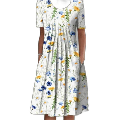 Effortless Floral Midi Dress for Women with V Neck Short Sleeve A Line Flowing Casual Style