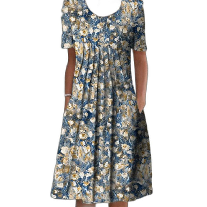 Effortless Floral Midi Dress for Women with V Neck Short Sleeve A Line Flowing Casual Style